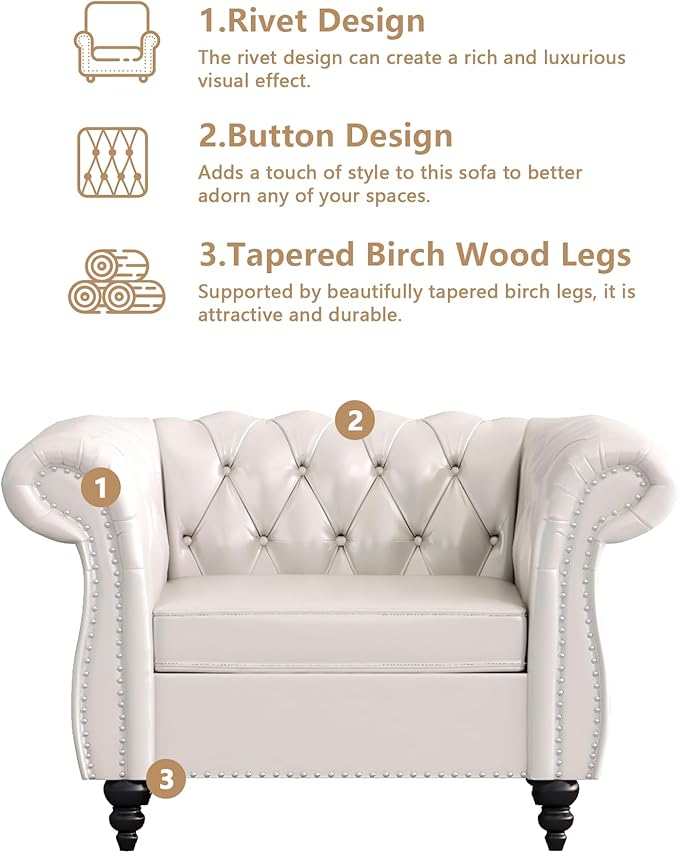 Accent Sofa Chair for Living Room Modern PU Leather Upholstered Armchair Oversized Comfy Single Sofa Chair with Cushion Mid Century Tufted Chesterfield Sofa Couch for Bedroom Apartment (White)