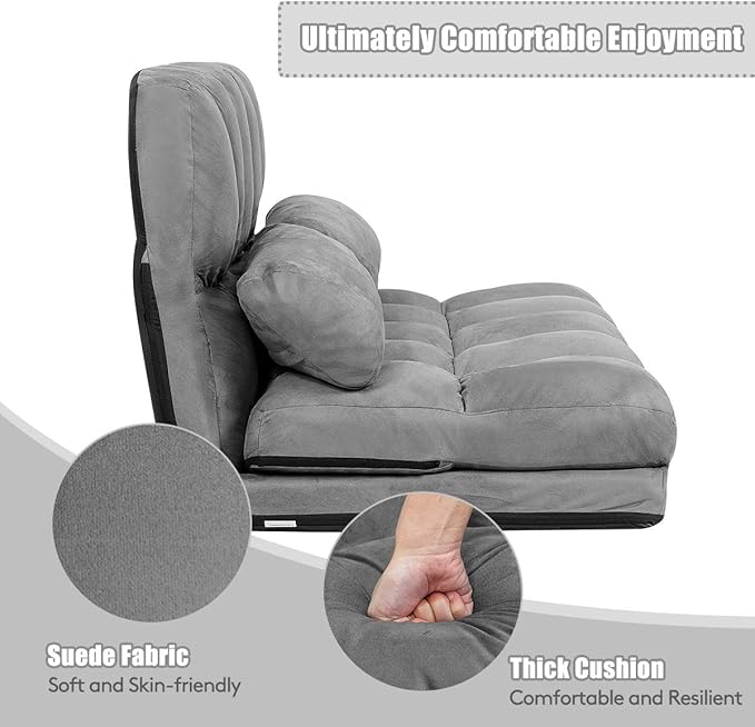 S AFSTAR Floor Folding Couch and Futon Sofa 6-Position Fabric Sleeper Bed with 2 Pillows and Sponge Filling Adjustable Lazy Sofa for Living Room and Bedroom(Gray)