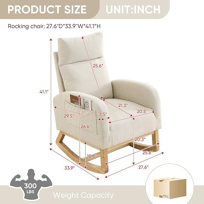 Nursery Rocking Glider Chair Modern Fabric Tall Back Accent Rocker Chair Upholstered Arm Chair w/Side Pockets Modern Leisure Single Sofa for Living Room Hotel Bedroom Office Beige