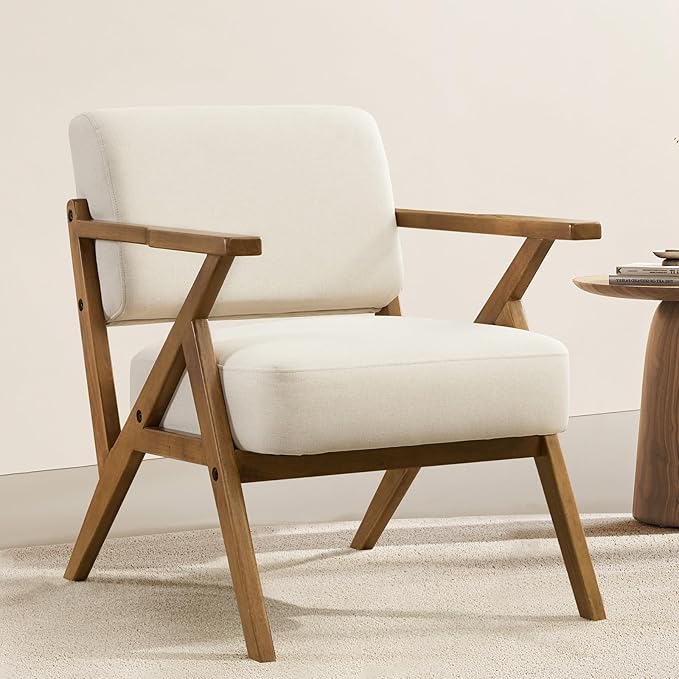 Mid Century Modern Chair Beige Accent Chair Upholstered Armchair with Solid Wood Frame Comfy Reading Nook Chair Lounge Chairs for Living Room Bedroom Linen