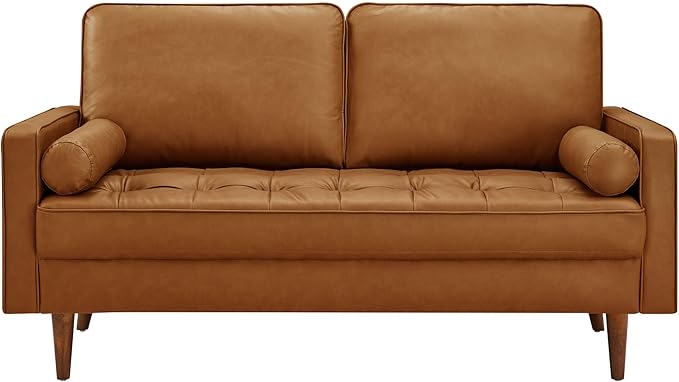 Modway Valour 62 Inch Faux Leather Loveseat in Tan – Wide Faux Leather Loveseat Sofa with Wood Legs - Small 2-Seater Sofa with Tufted Seat for Living Room or Office