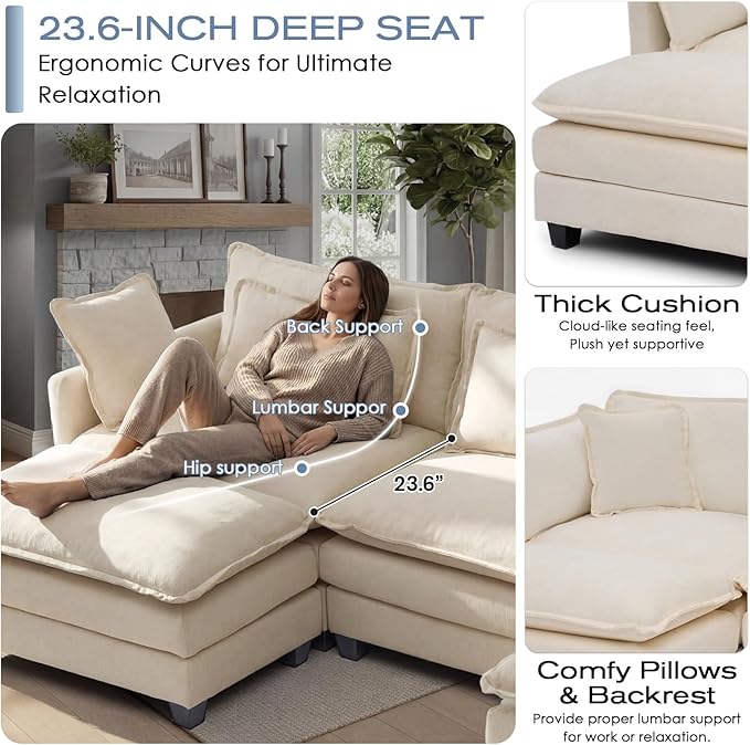113.4 U-Shaped Modular Sectional Sofa with Ottoman Comfy Cloud Couch with Deep Seat (23.6 D) Solid Wood FrameBeige/Gray/Blue/Black for Living Room Small Apartment (Beige 3 Seat)