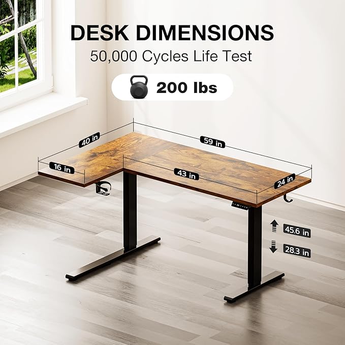 Muvai L Shaped Standing Desk with Cable Management Tray 59 Inch Height Adjustable Electric Standing Corner Desk Sit Stand Up Work Table for Home Office with Reversible Splice Board Rustic Brown