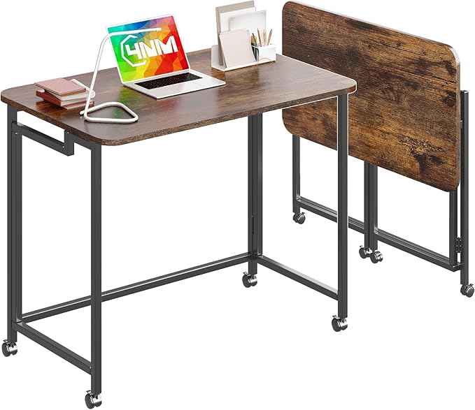4NM 31.5 Mobile Small Rolling Computer Desk Folding Laptop Cart Table with Wheels Portable Office Desk for Small Space Couch Bed - Rustic Brown and Black
