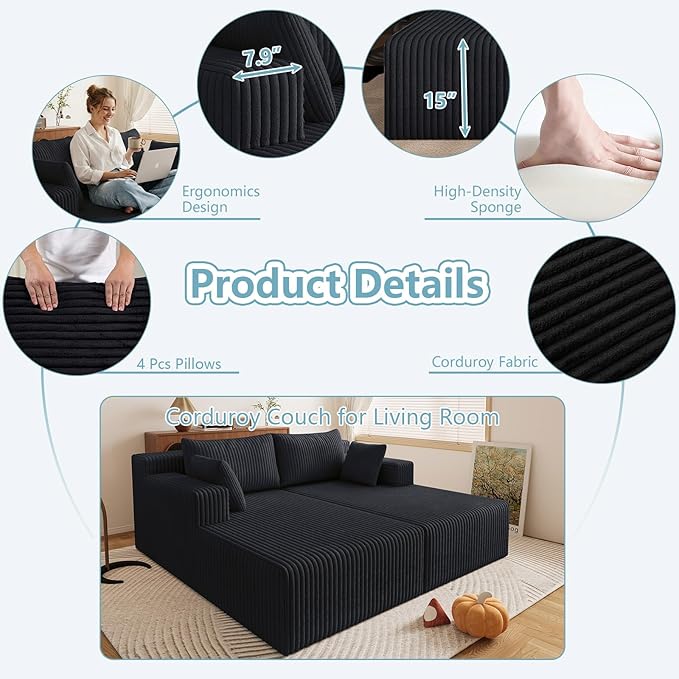 71Oversized Chaise Lounge ChairSectional Double Lounge Chaise with Pillows Upholstered Corduroy Boneless Lounge Chair Fluffy Modern Loveseat Sleeper Sofa for Living Room or Bedroom (Black)
