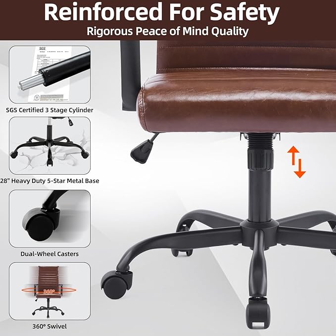 Office Chair Ergonomic Executive Conference Room Chairs Ribbed Leather Desk Chair with Lumbar Support Adjustable Height Mid-Back Swivel Chair with Padded Seat