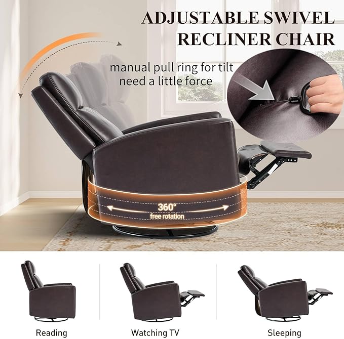 Leather Recliner Chair for Adults Swivel Rocker Recliner for Small Spaces Wide Glider Rocking Nursery Chair with Ergonomic High Backrest for Home Living Room Office Bedroom（Chocolate Brown）