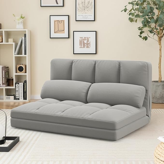 Giantex Floor Sofa Bed with 2 Pillows Convertible Sofa Couch w/ 6 Positions Adjustable Backrest Velvet Cover Folding Lazy Sleeper Sofa for Living Room Bedroom Guest Room (Light Grey)