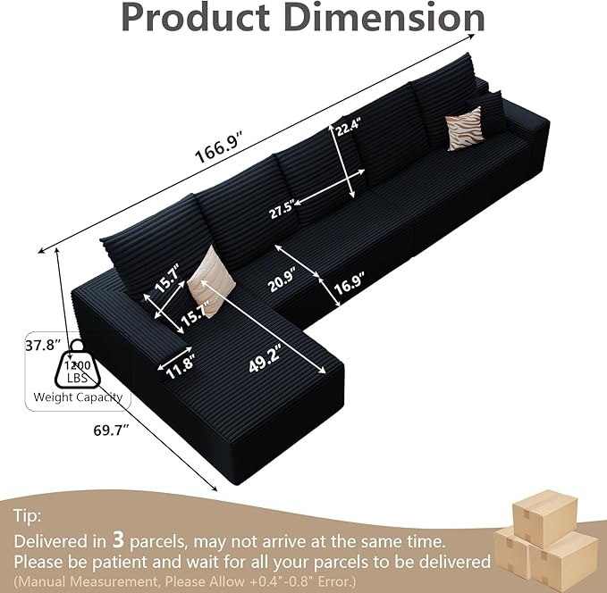 166.9 Cloud Sectional Couch with L-Shape Chaise Modern Modular 4-Seater Sofa with Deep Seat Corduroy Upholstered Couches for Living Room Bedroom No Assembly Required(Black Left Facing)