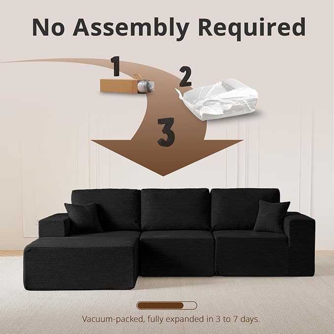108 L-Shaped Boneless Couch Modular Sectional Sofa with Moveable Ottoman Corduroy Cloud Couches for Living Room No Assembly Ship in a Box Black