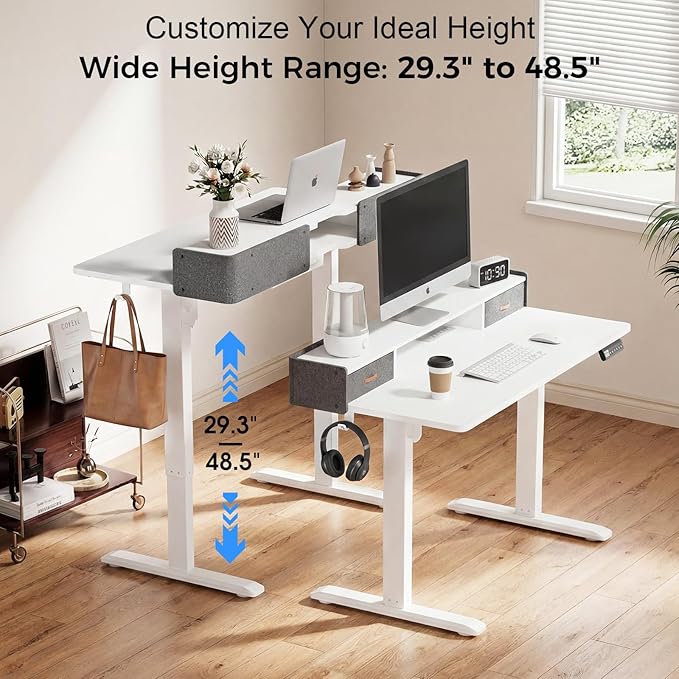 Electric Standing Desk with Drawers 63 Inch Height Adjustable Desk with Power Outlets &amp LED Lights Sit Stand Table with Monitor Stand for Home Office White