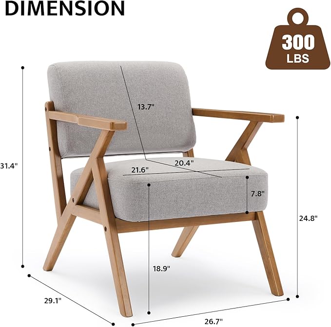 Ergonomic Mid-Century Modern Lounging Armchair | Solid Wood Frame &amp Plush Thickened Cushion | Versatile Seating for Living Room Reading Nook &amp Balcony Light Grey Linen