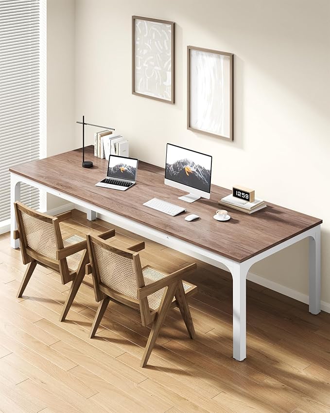 LITTLE TREE Two Person Desk 78.7 Inches Extra Long Computer Desk Wooden Large Office Desks with Strong Metal Legs Double Desk for 2 People Writing Study Table for Home Office Oak &amp White