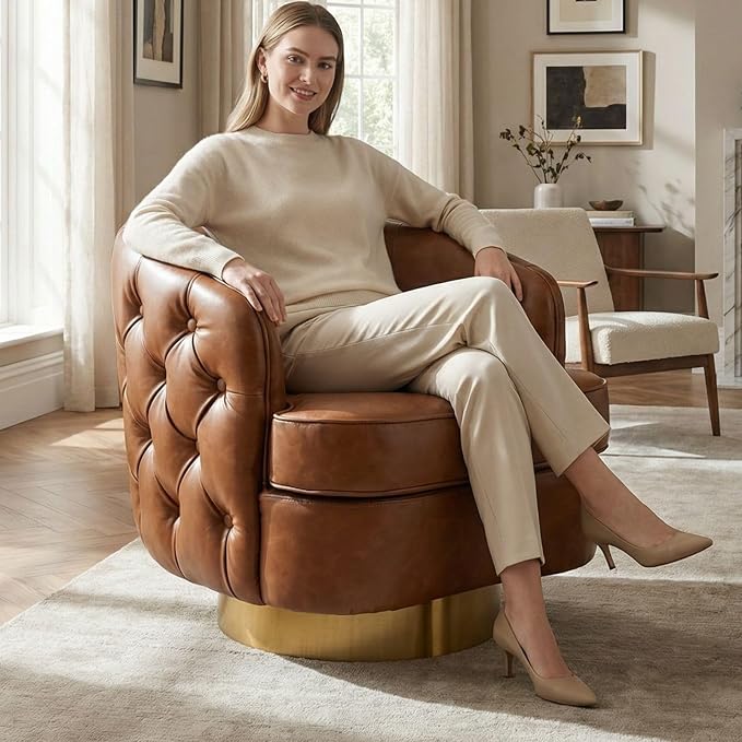 Brown Leather Barrel Swivel Chair Modern PU Accent Chair 360° Rotating with Tufted Back for Living Room Bedroom Office with Removable Cushion Mid-Century Modern Club Seating