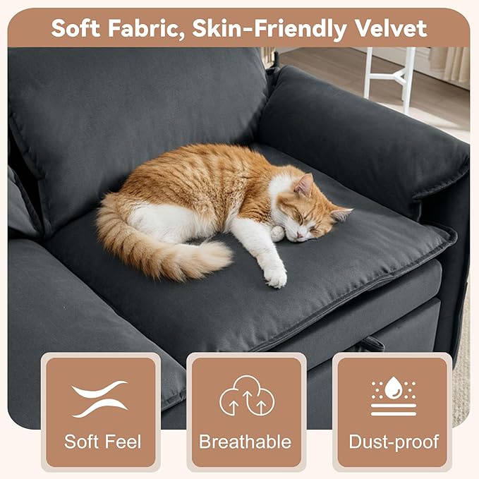 63 Velvet 3 in 1 Convertible Sleeper Sofa Bed Pull Out Couch Bed Loveseat with Adjustable Backrest Chaise Lounge USB Port &amp Side Pocket Modern Sofa for Living Room Small Spaces Dark Gray