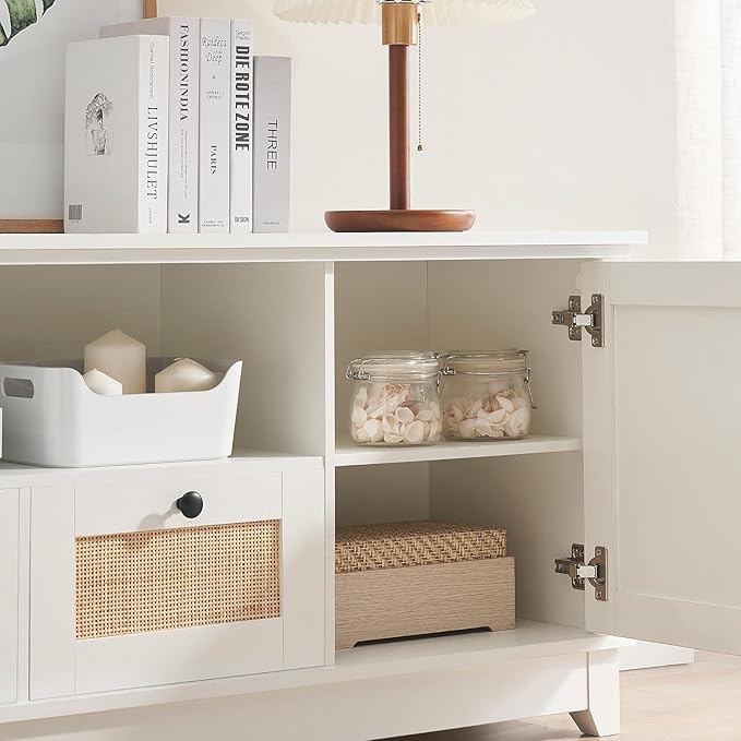 IDEALHOUSE Rattan TV Stand for 65+ Inch TV Boho Entertainment Center with Storage Drawer and Open Shelves TV Console Cabinet with Adjustable Shelf for Living Room Bedroom White