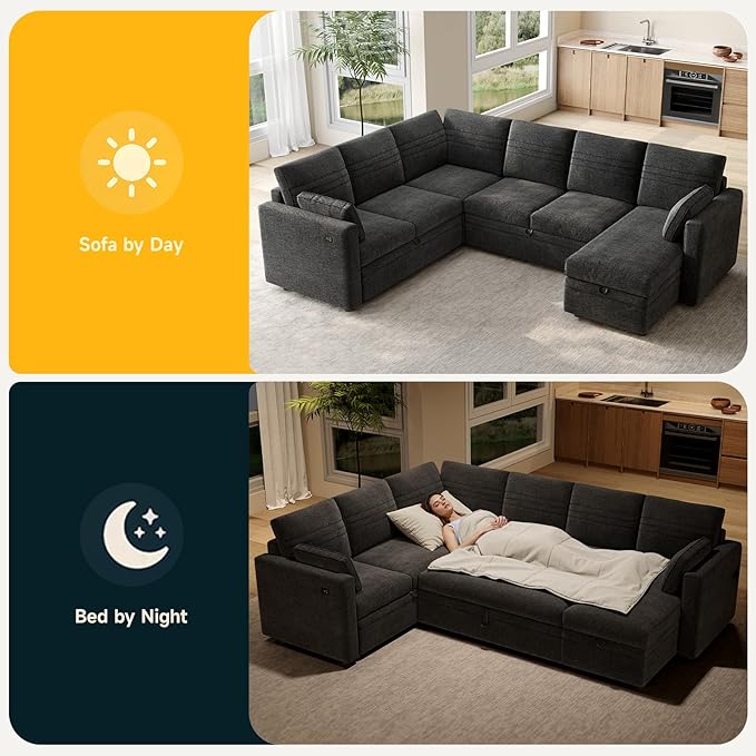 ONBRILL 105 Modular Sectional Sleeper Sofa with Pull Out Bed6 Seat Sectional Sleeper Sofa with Storage ChaiseUSB PortsModern U-Shaped Couches for Living RoomTool-Free AssemblyChenilleBlack