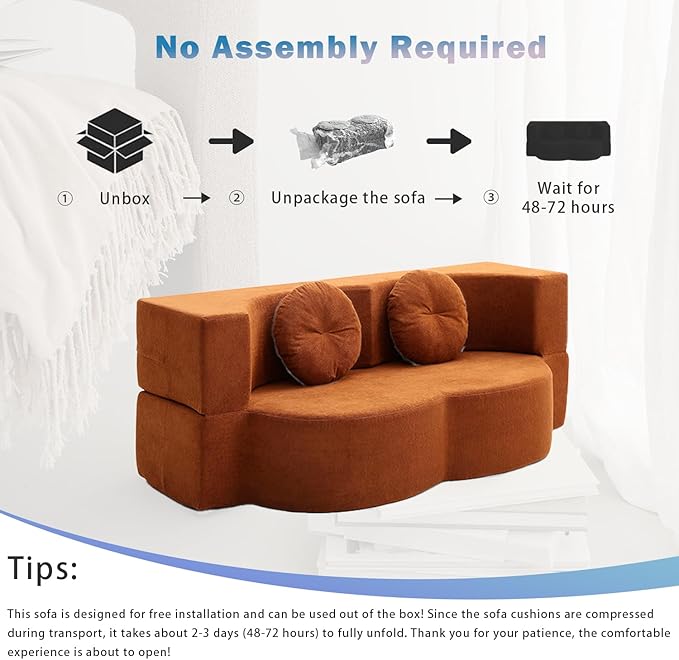 76 Convertible Folding Futon Sofa Bed Queen Sleeper Sofa with Pillow Teddy Fabric Floor &amp Futon Loveseat Couch Foam Folding Mattress Sleeper for Living Room Guest Use OfficeApartment(Orange