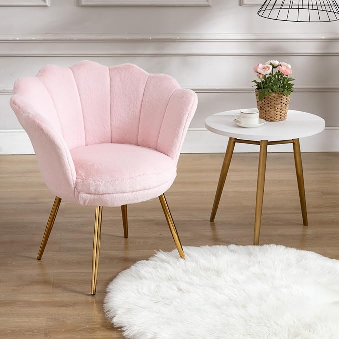 chairus Pink Makeup Vanity Chair with Back Modern Faux Fur Upholstered Small Accent Chair with Gold Metal Legs Cute Shell Shaped Vanity Stool Desk Chair for Living Room Bedroom Dressing Room