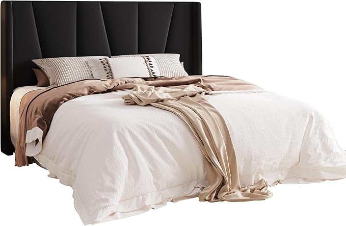 Allewie Queen Size Platform Velvet Bed Frame with Geometric Wingback Headboard Boho Upholstered Bed with Wooden Slats Support No Box Spring Needed Easy Assembly Black