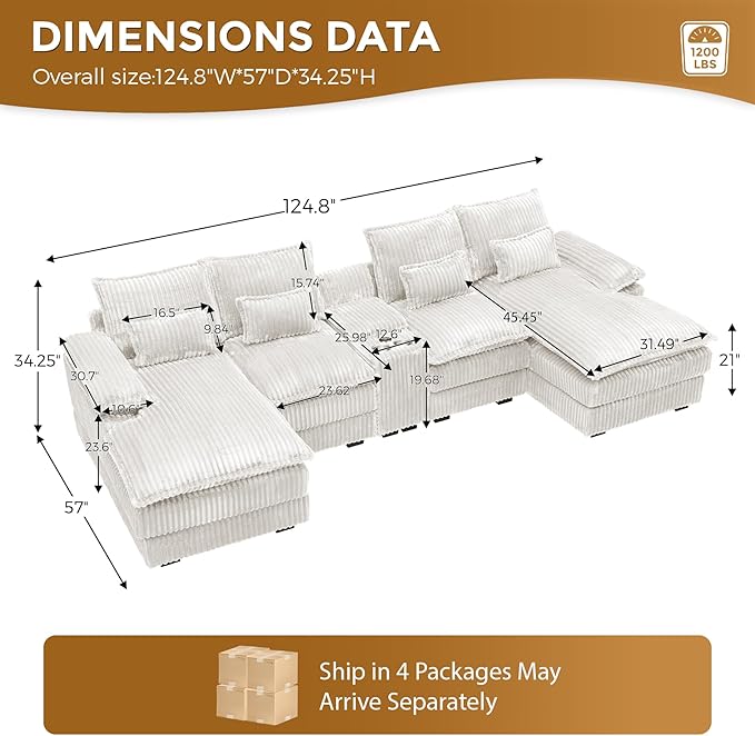 124 Cloud Couch Sectional U Shaped White Sectional Couches for Living Room Plush Soft Comfy Fluffy Corduroy Couch Sectionals Modular Sectional Sofa with Chaise &amp Central Console