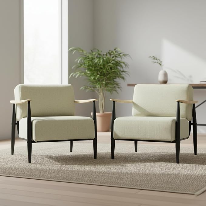 Homy Casa Set of 2 Upholstered Accent Chair with Solid Wood Armrests Heavy-Duty Metal Frame Lounge Chair with Pocket Spring Cushion 500 lbs Capacity for Living Room Reading Corner Bedroom(Oak2)