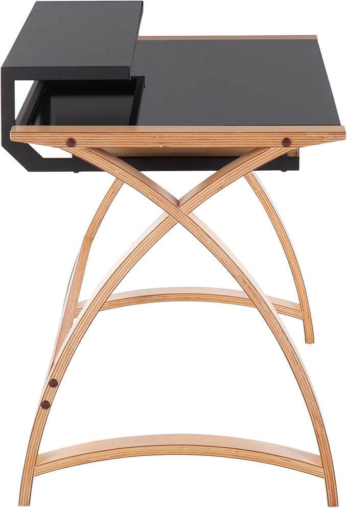Mid-Century Modern Wood &amp Glass Desk - Natural &amp Black Home Office Computer Desk