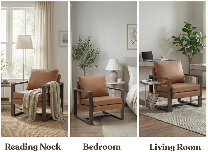 CIMOTA Modern Mid Century Accent Chairs Set of 2 Comfy Armchairs with 8.5 Thick Cushion &amp Armrests Upholstered Leather Reading Lounge Chairs with Walnut Frame for Living Room Bedroom Office Brow