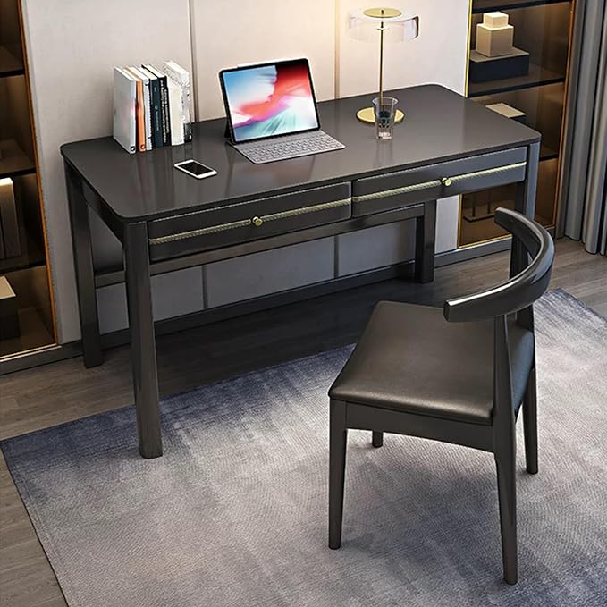 Rectangle Modern Soild Wood Writing Desk with 2 DrawersMinimalistRectangularHome Office DeskStudy TableComputer DeskSmall Spacesfor Bedroom (Black)