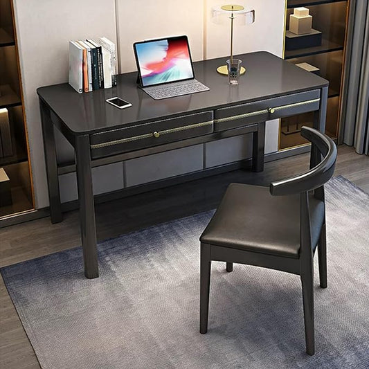 Rectangle Modern Soild Wood Writing Desk with 2 DrawersMinimalistRectangularHome Office DeskStudy TableComputer DeskSmall Spacesfor Bedroom (Black)