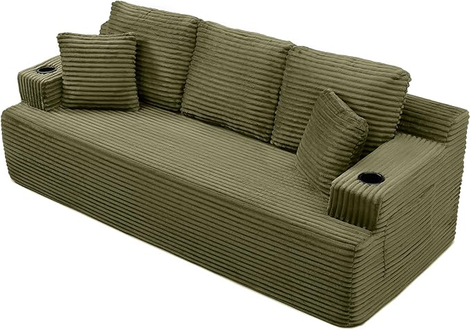 3-Seater Sofa Cloud Boneless Couch Corduroy Upholstered Deep Seat Beanbag Sofa Chair with Cup Holder &ampSide Pocket Modern Comfy Compression Memory Foam Couch for Living Room Bedroom(86.2 W Gre