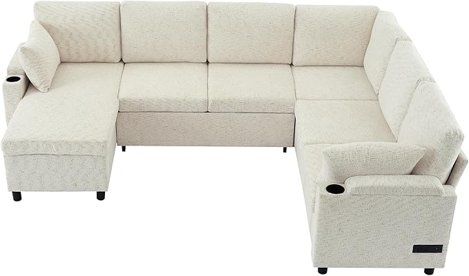 109.9 Modern Sectional Sofa Pull-Out Sofa Bed Sleeper with Storage Ottoman and 2 Cup Holders Chenille Convertible U-Shaped Couch Bed for Living Room (Beige-3.13)
