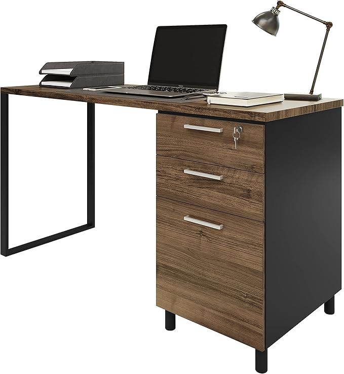 Modern Design Milano Office Computer Desk with 3 Locking Drawers 48 Inch Walnut and Black Industrial Wood Desk with Filing Drawer and Storage by Crafts and Comfort