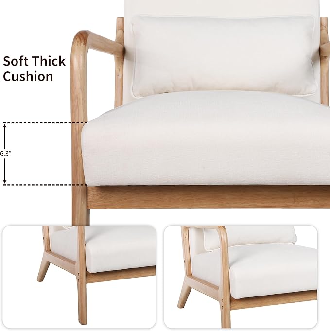Mid-Century Modern Accent Armchair with Solid Rubberwood Frame Upholstered Lounge Chair with Detachable Lumbar Pillow for Living Room Bedroom &amp Office Upholstered Armchair for Girls Boys.