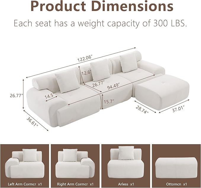 L-Shaped Boneless Modular Sectional Sofa Boneless Sectional Couch Oversized 3-Seater Cloud Couch with Deep Seat and Movable Ottoman for Living Room Apartment (Beige 3 Seater with 1 Ottoman)