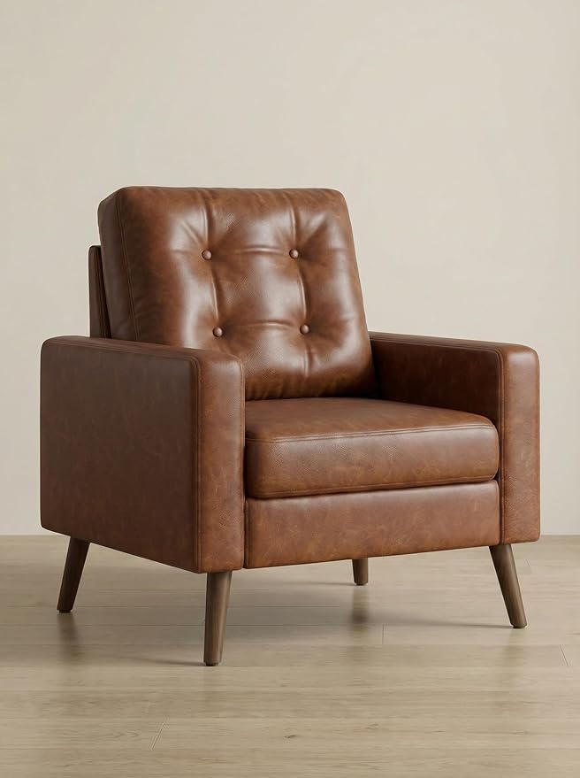 VESCASA Tufted Accent Arm Chair with Wood Legs PU Faux Leather Comfy Upholstered Single Sofa Mid Century Modern Side Club Leisure Chair for Reading/Living Room/Bedroom Caramel