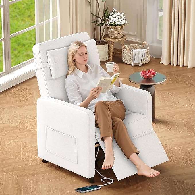 PeakPursuit Power Recliner Chair with Electric Adjustable Back USB Port &amp Side Pockets Single Overstuffed Recliner Chair for Living Room Bedroom or Home Theater Beige White