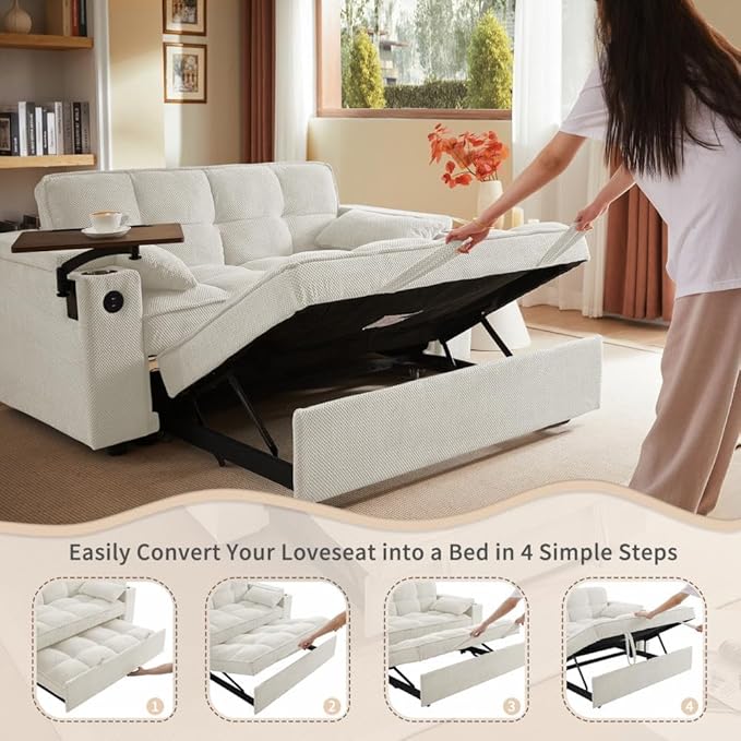  Large Size Convertible Sleeper Sofa BedPolka dot Velvet Pull Out Futon Couch with Storage handrails &amp Rotating Side TablesConvertible Sofa Couch for Living RoomRV (Beige)