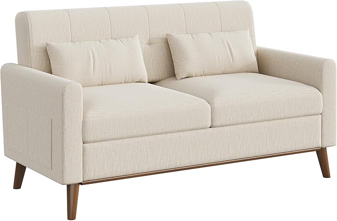 WLIVE 62 Loveseat Sofa Mid Century Modern Small Couches for Living Room Button Tufted Upholstered Couch for Bedroom Solid Wood Frame Easy to Install Furniture Beige