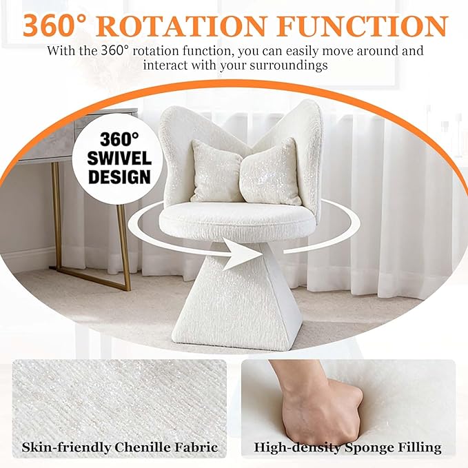 360° Swivel Vanity Chair with Back and PillowChenille Comfy Makeup Chairs for VanityWhite Modern Desk Chair No Wheels for BedroomLiving Room (White)