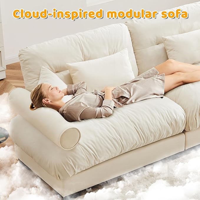 93.7 Oversized Modular Sectional Sofa 2-Seater Deep Seat Loveseat Cloud Couch with Pillows and Overthick Cushions Modern Velvet Comfy Sofa for Living Room Home Theater or Apartment Cream