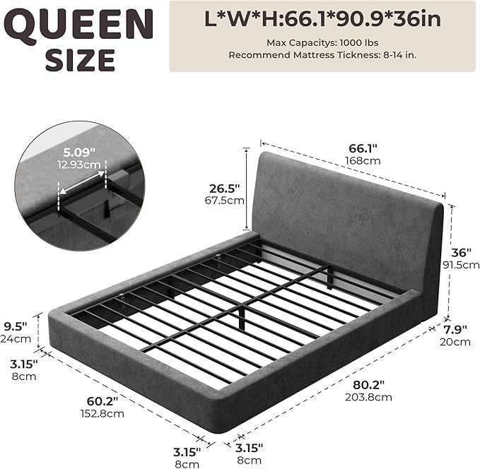RECCI AirFrame Queen Bed Frame with Ergonomic Angled Foam Cushioned Headboard Minimalist Design Platform Bed Frame No Box Spring Needed Easy Assembly (Moon Grey)