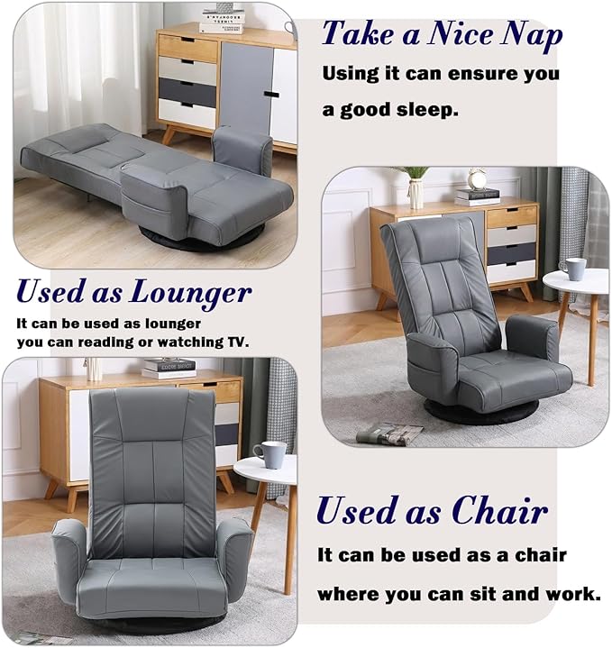 360 Degree Swivel Floor Chairs for Adults Faux Leather Gaming Floor Chair with Back Support 14 Angles Adjustable Comfortable Floor Lounge Chair Folding Video Game Chairs Office Bedroom