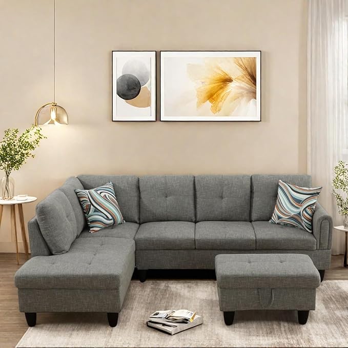 FONTOI L Shaped Sectional Couches Lounge Modular Sectional Sofa for Living Room Bedroom Furniture Comfortable 4 Seat Couch with Ottoman Storage &amp Chaise Grey