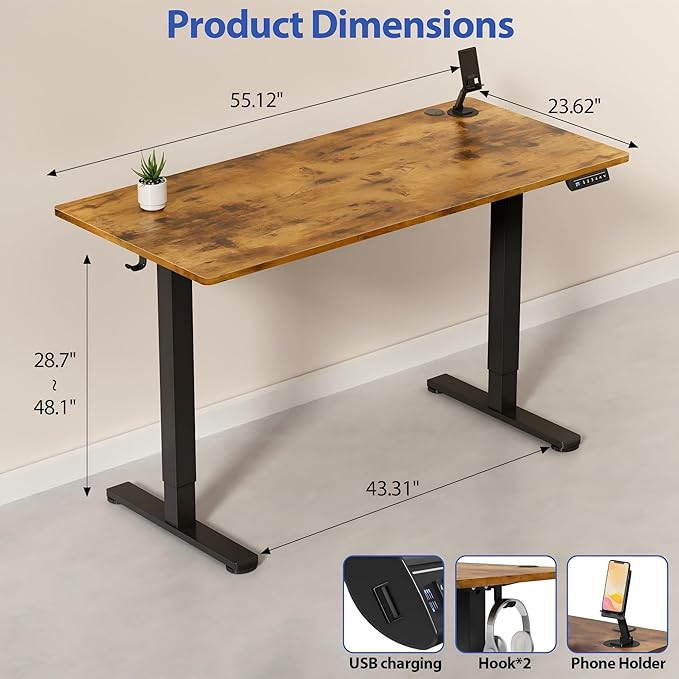 YESHOMY Height Adjustable Electric Standing Desk 55 x 24 Inches Memory Home Office Sit Stand up Desk with Phone Holder and USB Charging Port Rustic Brown