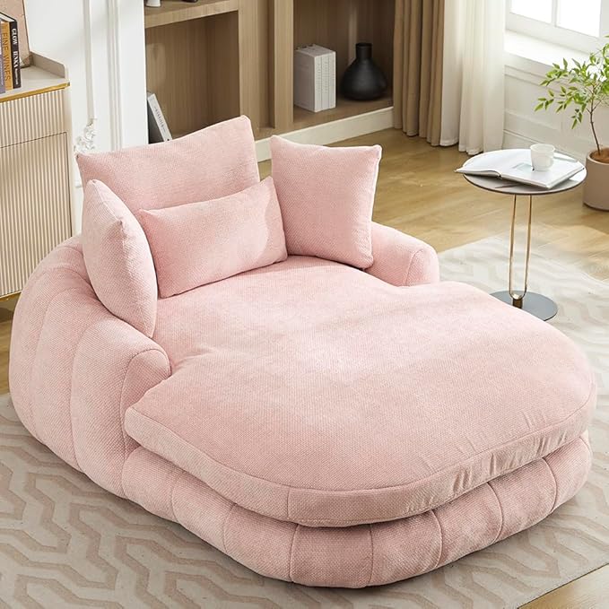 Oversized Chaise Lounge Indoor Deep Seat Boneless Sofa Bed with Throw Pillows Plush Chenille Fabric No Assembly Required Comfy Sleeper Sofa for Living Room Bedroom (PINK Without pocket)