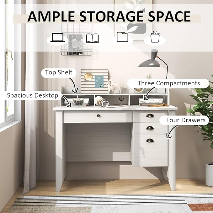 GOFLAME 48” Computer Desk with Hutch Vintage Home Office Desk with Storage Drawers &amp Shelves Space Saving Laptop PC Table Wooden Study Writing Workstation White
