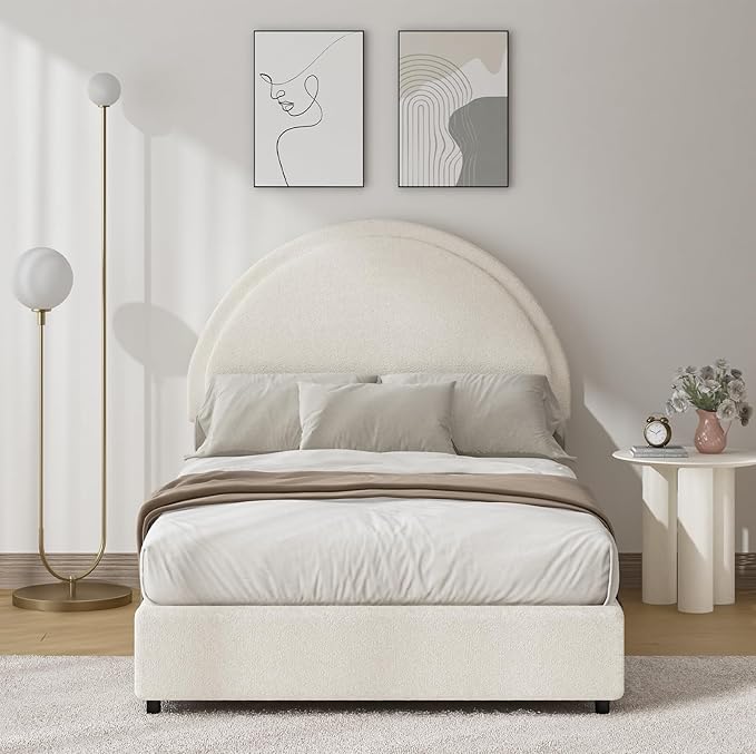 Twin Bed Frames with Round Headboard White Soft Upholstered Bed Frame Boucle Bed Frame for Kids Arch Shaped Modern Style No Box Spring Required Easy Assembly Light White