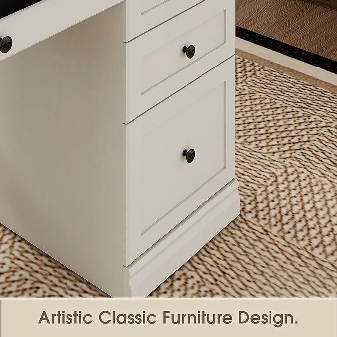 60.5 Executive Office Desk Classic Computer Desk with File Drawer Keyboard Tray Cabinet Storage Farmhouse Wood Writing Desk for Home Office or Study White with Black Desktop