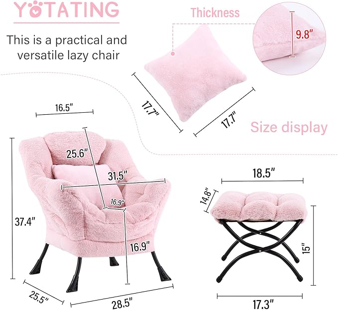 Lazy Chair with Ottoman Comfy Reading Lounge Chair with Footstool &amp Throw Pillow Modern with Armrests &amp Side Pocket for Living Room Bedroom Dorm Room Plush Pink